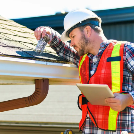 INSPECTION LOS ANGELES inspector performing roof and gutter inspection with tablet