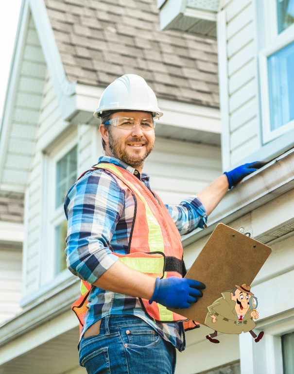 INSPECTION LOS ANGELES inspector checking roof and gutter with tablet