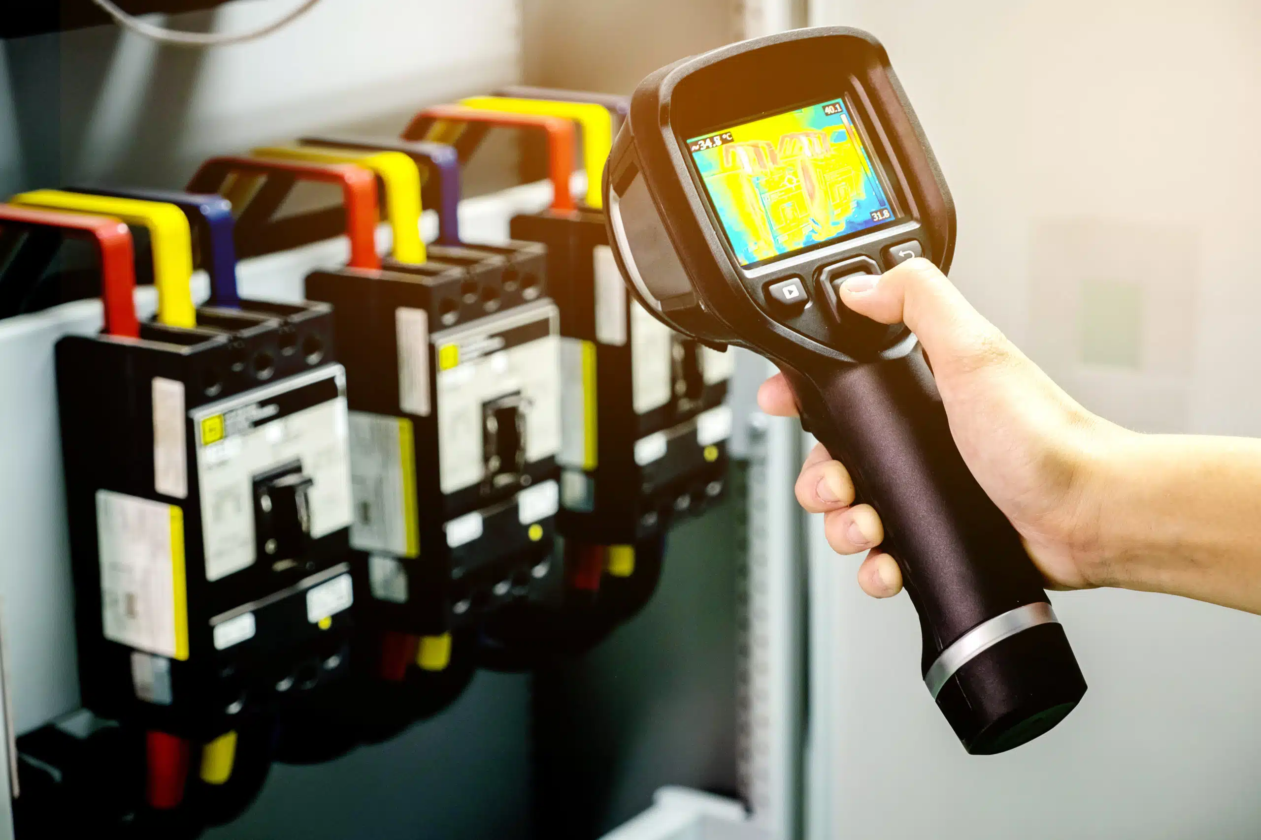 Technician using thermal imaging camera to detect heat signatures in electrical panel
